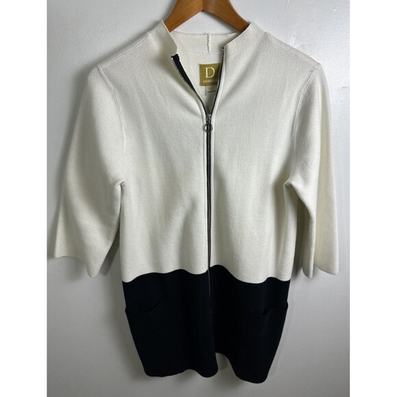 Damask Black/Cream Double Zipper Long Cardigan Front Pockets Size Medium M - Picture 1 of 12